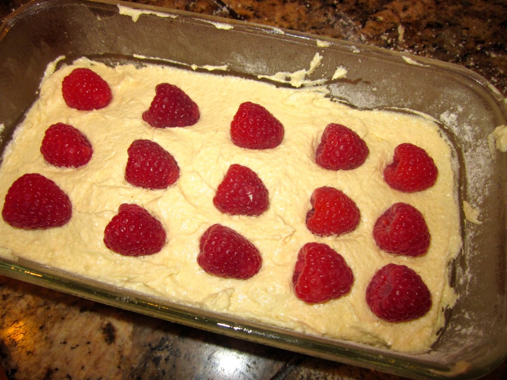 Layer #1. Next, cover with batter, repeat raspberries , cover again.